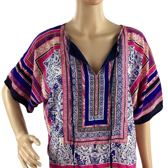 Trina Turk Floria Tunic Silk Boho Print V-Neck Top Pink Blue Size M - Picture 2 of 7